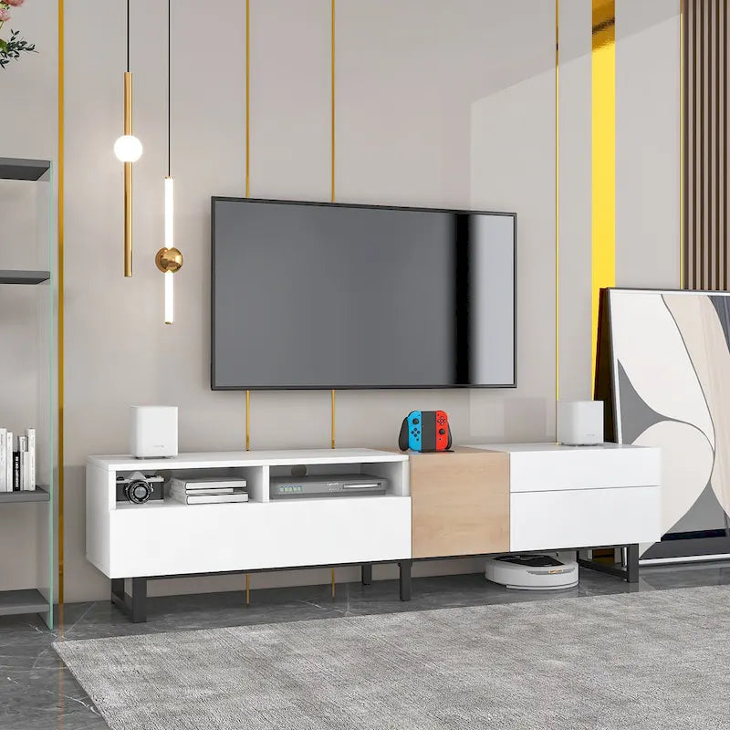 Meuble TV moderne pour téléviseur 80 pouces avec double espace de rangement