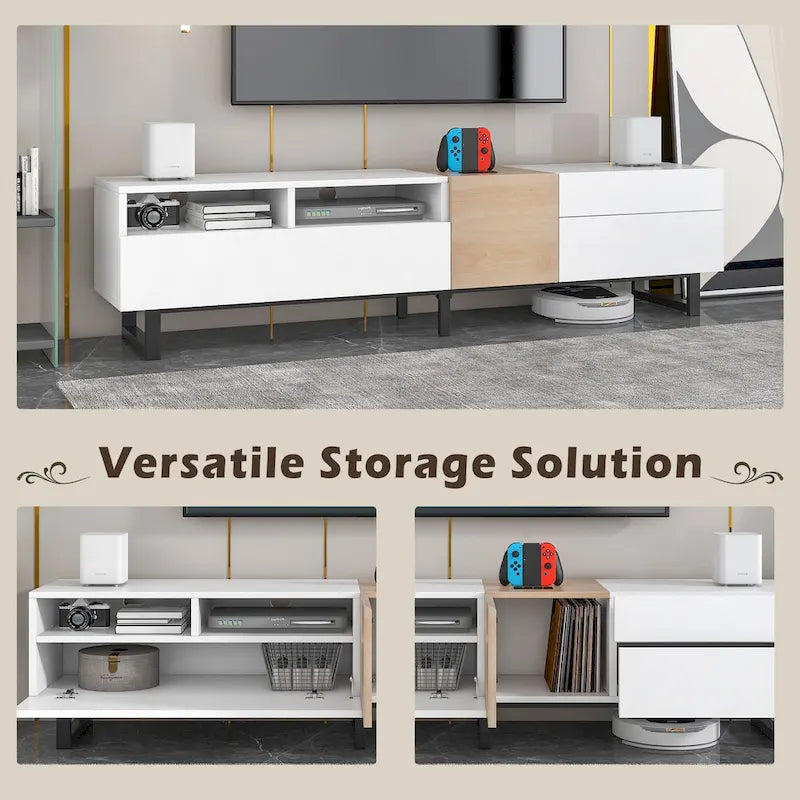 Meuble TV moderne pour téléviseur 80 pouces avec double espace de rangement
