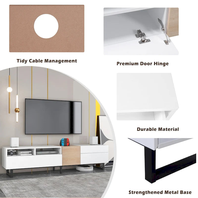 Meuble TV moderne pour téléviseur 80 pouces avec double espace de rangement