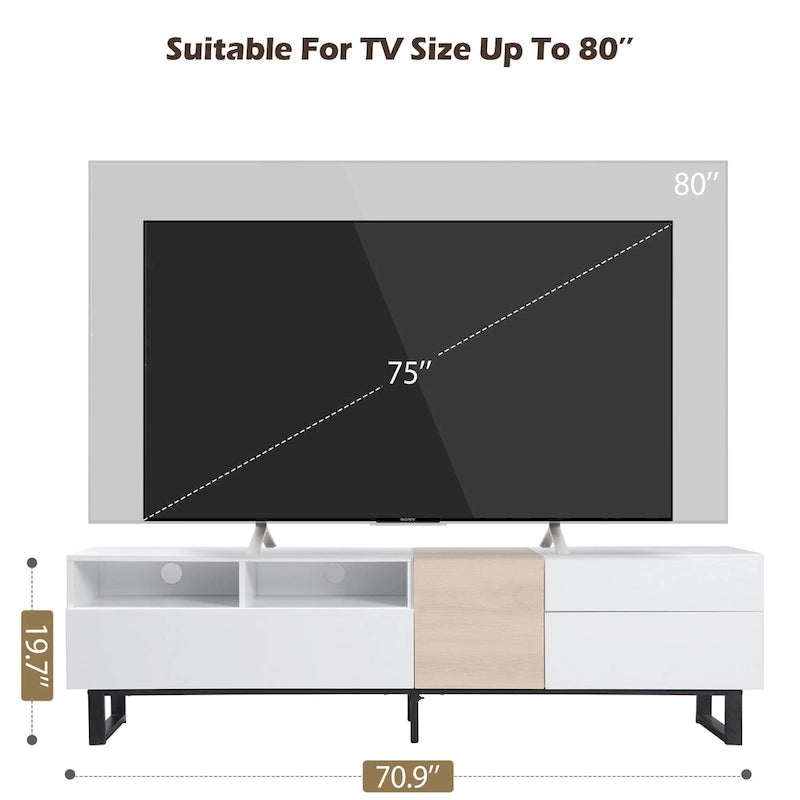 Meuble TV moderne pour téléviseur 80 pouces avec double espace de rangement