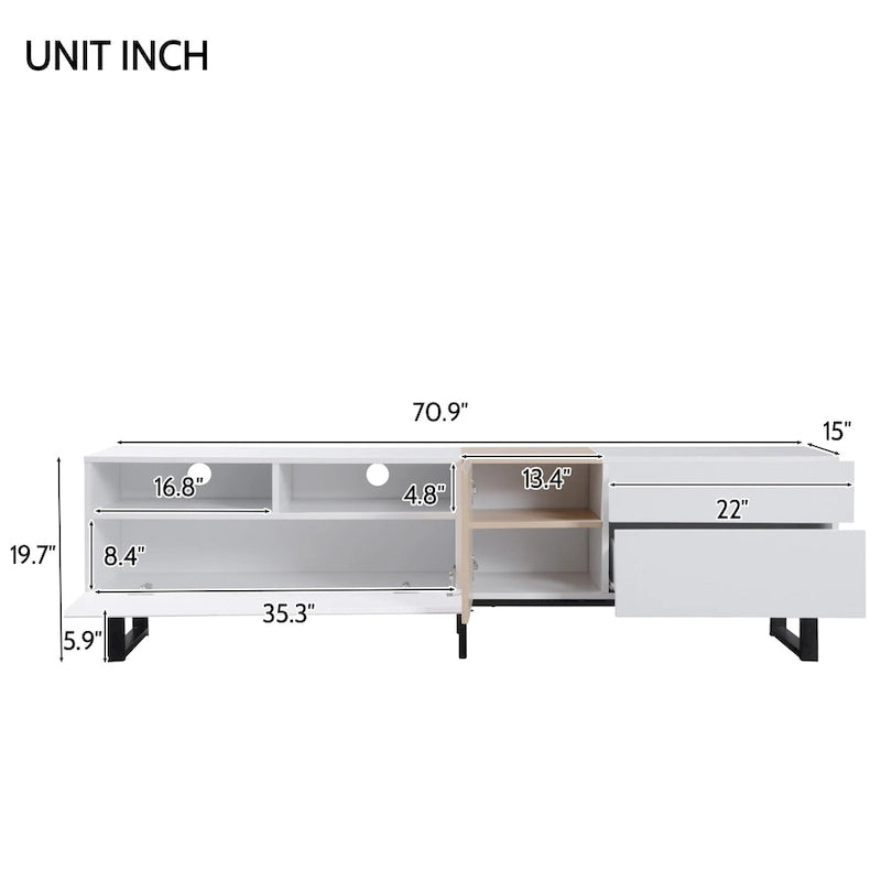 Meuble TV moderne pour téléviseur 80 pouces avec double espace de rangement