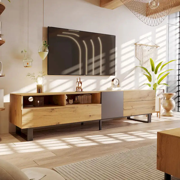Meuble TV moderne pour téléviseur 80 pouces avec double espace de rangement