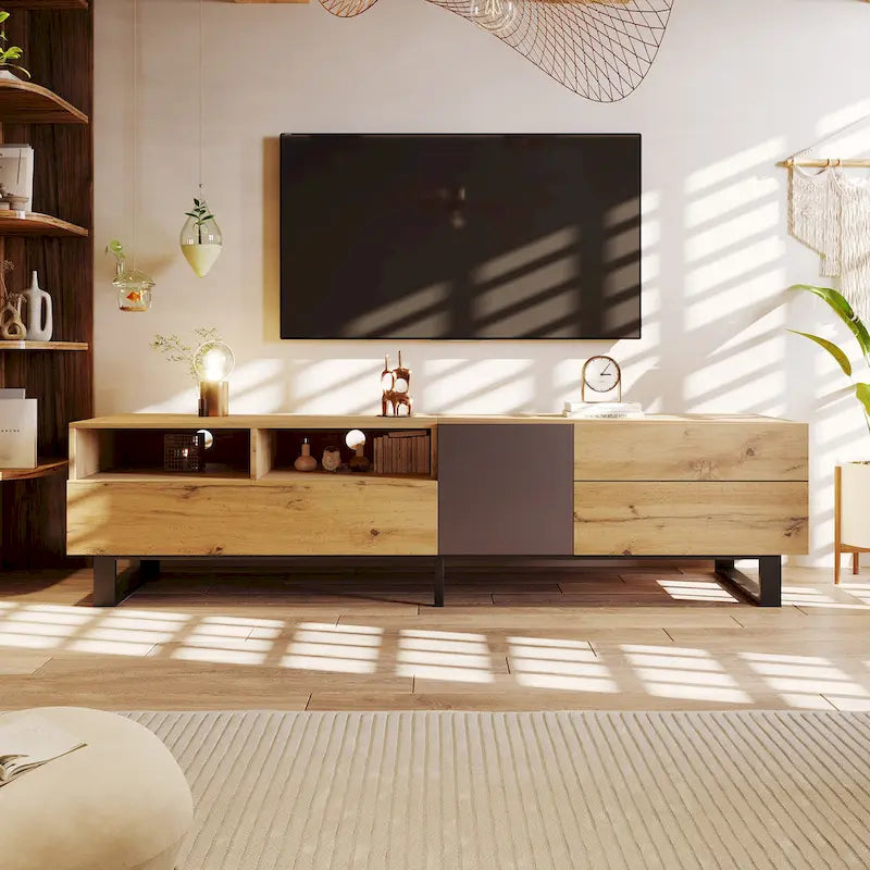 Meuble TV moderne pour téléviseur 80 pouces avec double espace de rangement