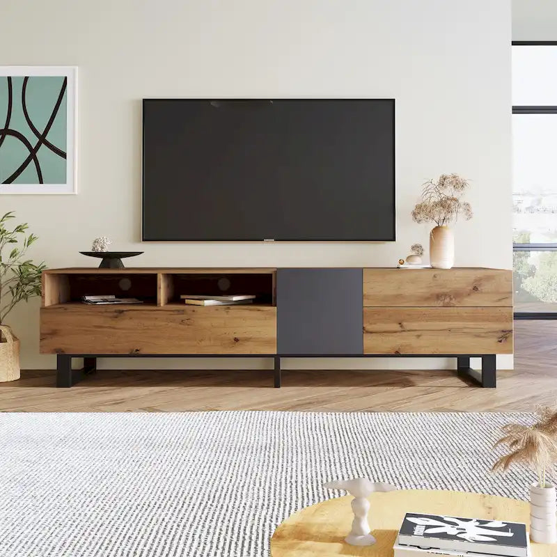 Meuble TV moderne pour téléviseur 80 pouces avec double espace de rangement