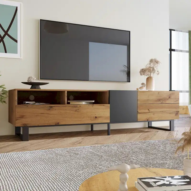 Meuble TV moderne pour téléviseur 80 pouces avec double espace de rangement