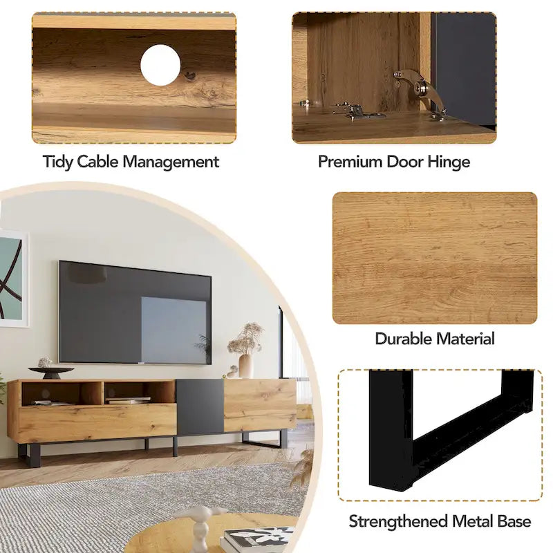 Meuble TV moderne pour téléviseur 80 pouces avec double espace de rangement