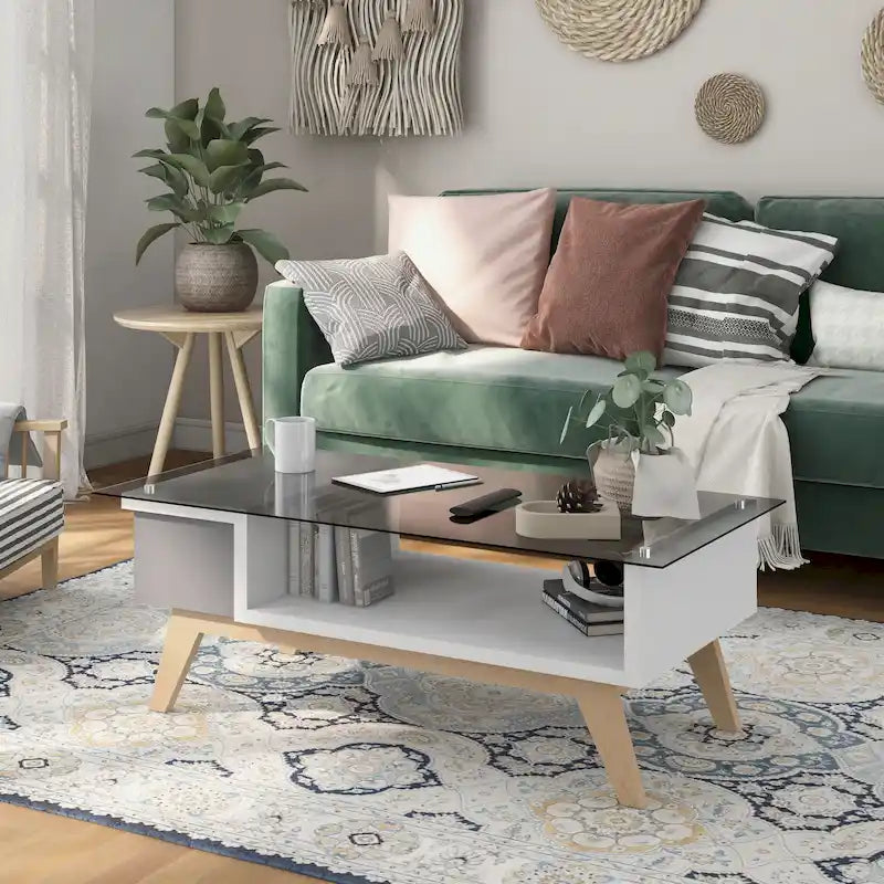 Table basse moderne 1 étagère avec plateau en verre de 47 pouces