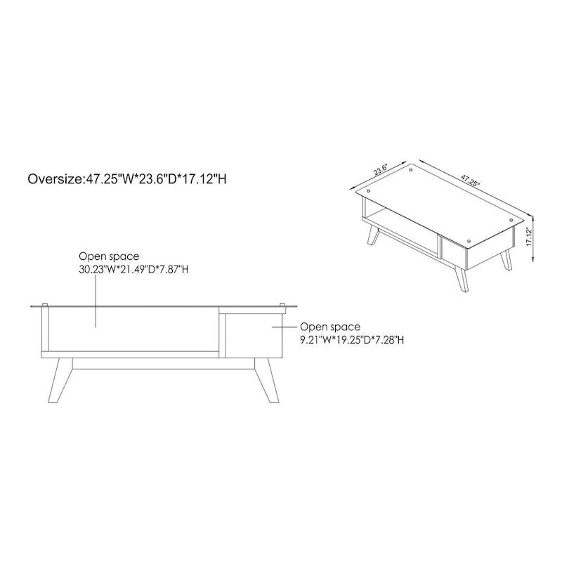 Table basse moderne 1 étagère avec plateau en verre de 47 pouces