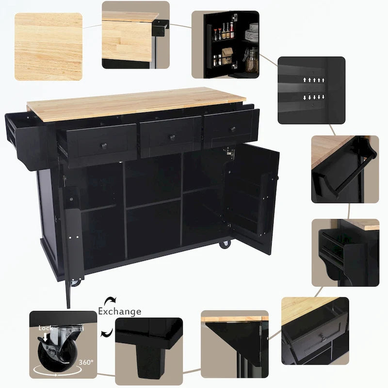 Chariot de cuisine à 5 roues avec armoire de rangement et 3 tiroirs