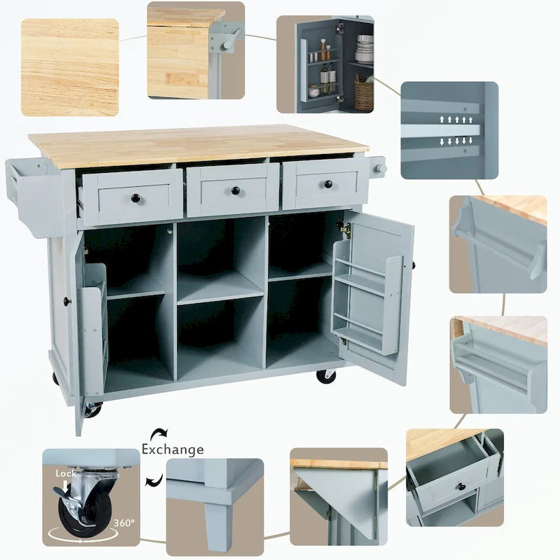 Chariot de cuisine à 5 roues avec armoire de rangement et 3 tiroirs