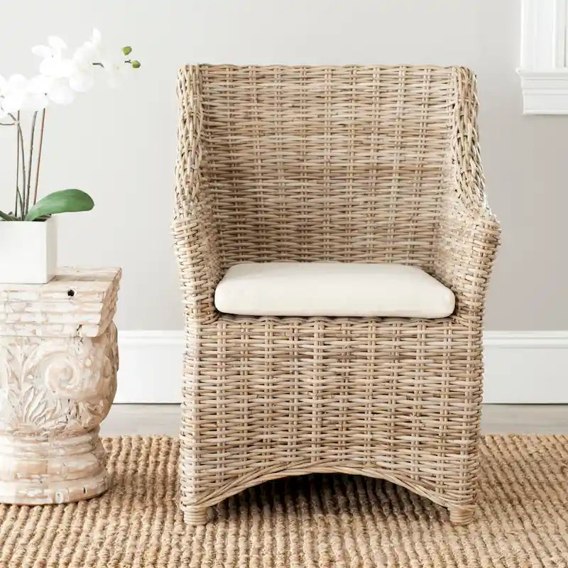 Fauteuil à oreilles en osier marron délavé (entièrement assemblé)