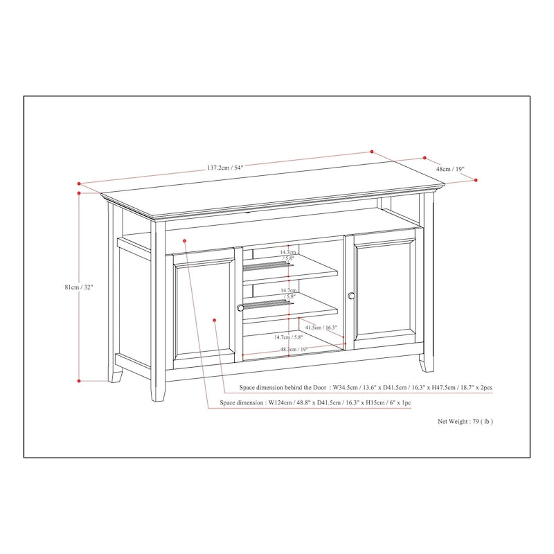 Meuble TV de transition en bois massif de 54 po de large - 54 larg. x 18,9 prof. x 31,9 haut.
