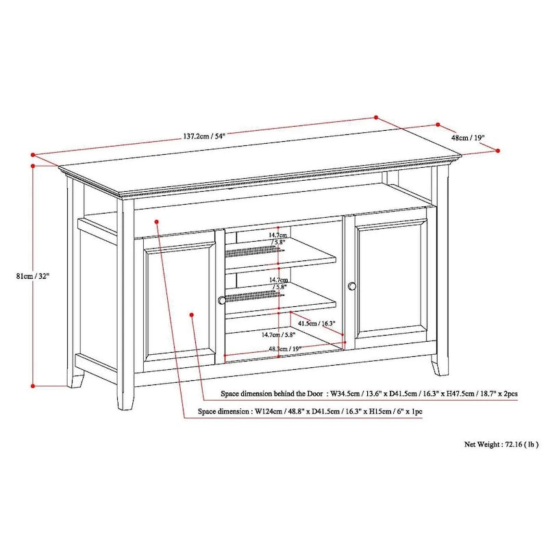 Meuble TV de transition en bois massif de 54 po de large - 54 larg. x 18,9 prof. x 31,9 haut.