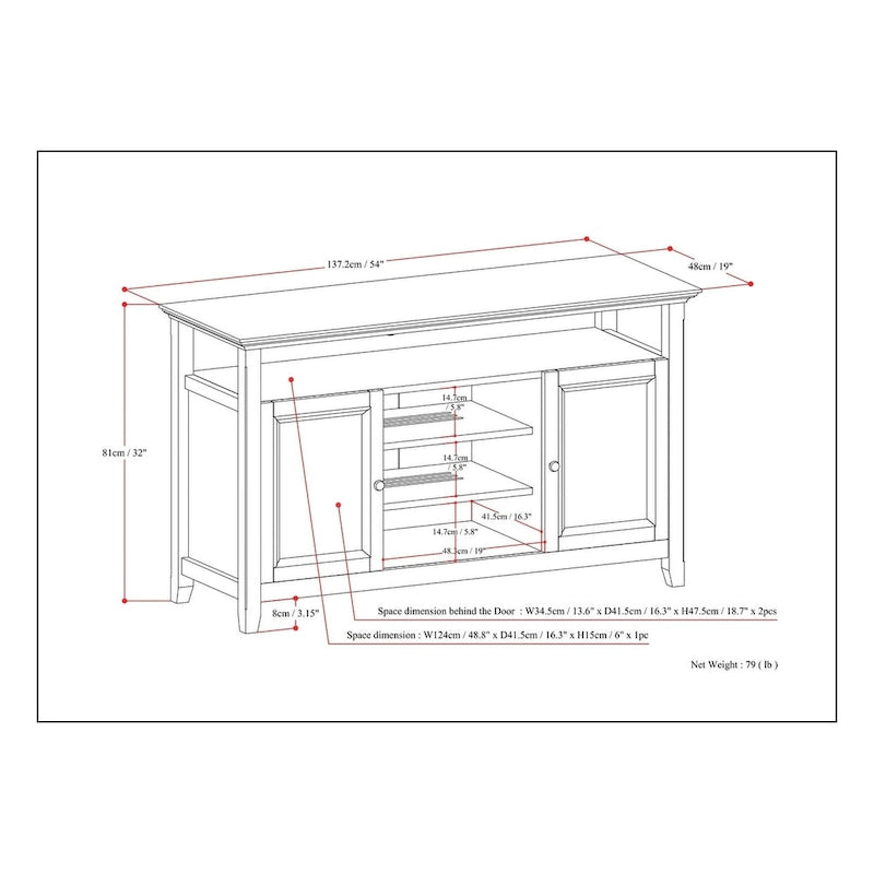 Meuble TV de transition en bois massif de 54 po de large - 54 larg. x 18,9 prof. x 31,9 haut.