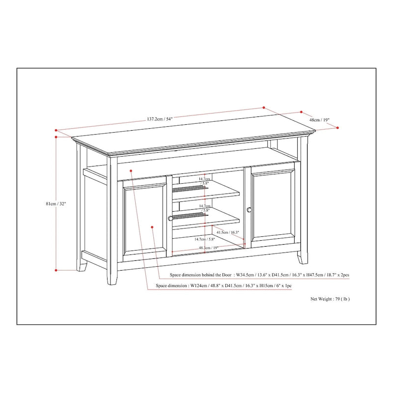 Meuble TV de transition en bois massif de 54 po de large - 54 larg. x 18,9 prof. x 31,9 haut.