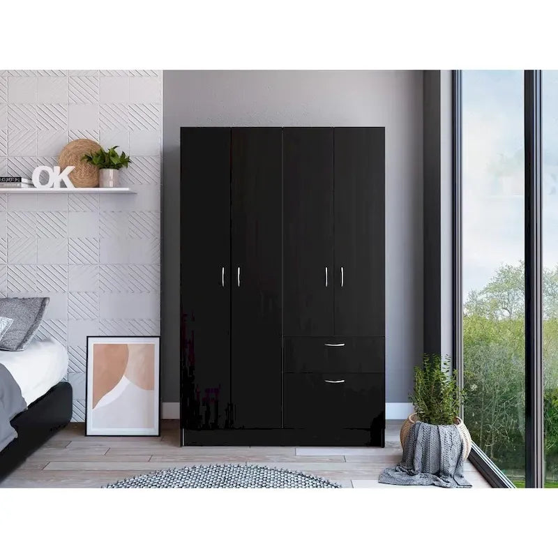 TUHOME Vaupes Armoire with 2 Double Door Cabinets, Drawer, 5 Interior Shelves, Rod, and Pull Down Cabinet - N/A