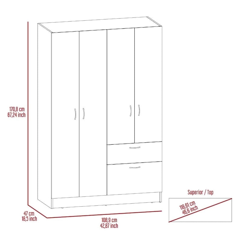 Armoire avec 2 armoires à double porte, tiroir, 5 étagères intérieures, tringle et placard rabattable