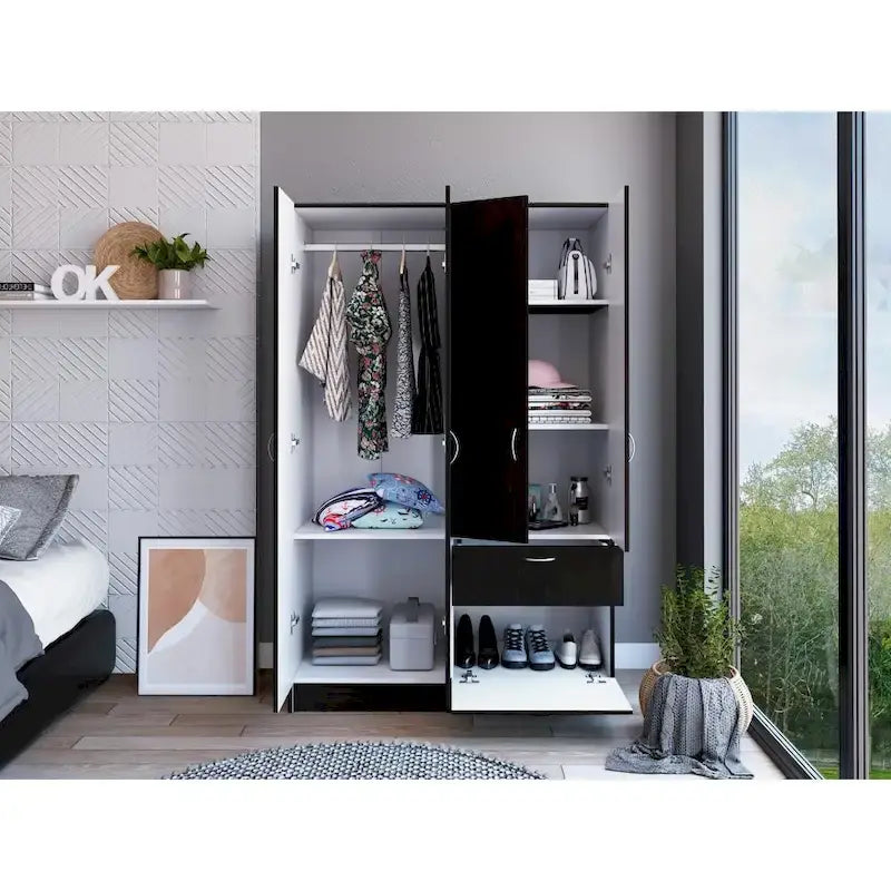Armoire avec 2 armoires à double porte, tiroir, 5 étagères intérieures, tringle et placard rabattable