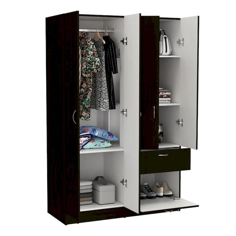 Armoire avec 2 armoires à double porte, tiroir, 5 étagères intérieures, tringle et placard rabattable