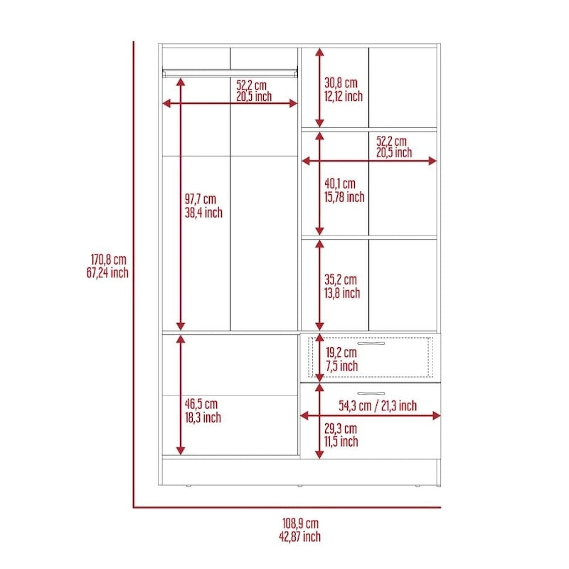 Armoire avec 2 armoires à double porte, tiroir, 5 étagères intérieures, tringle et placard rabattable