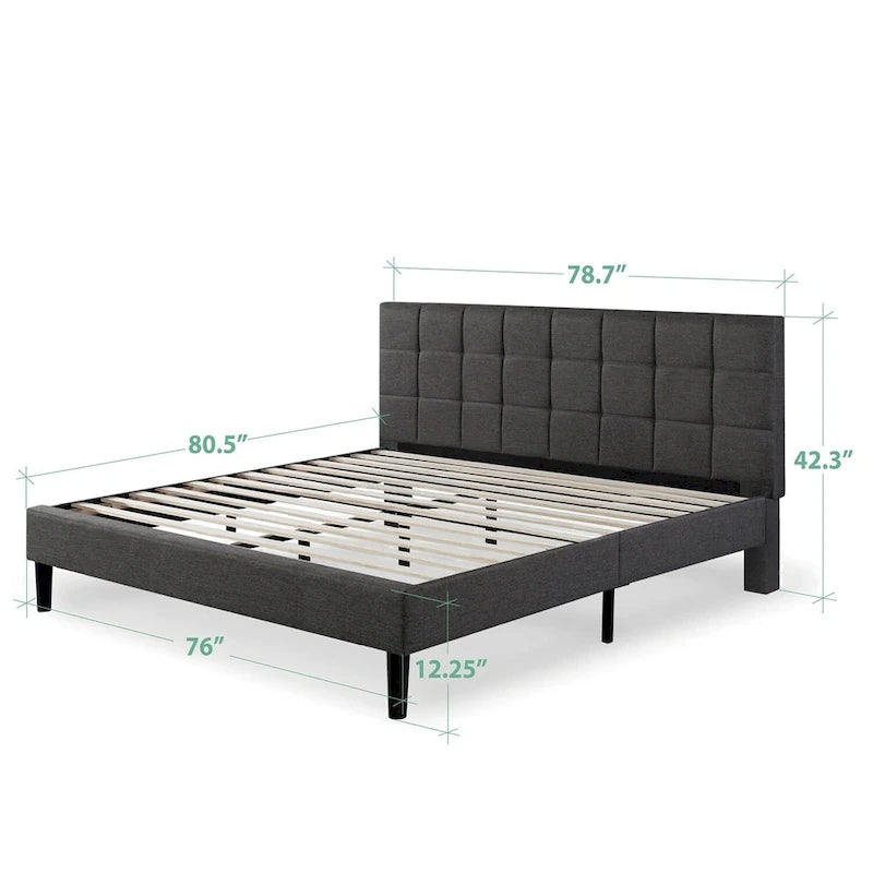 Cadre de lit plateforme King rembourré en tissu gris
