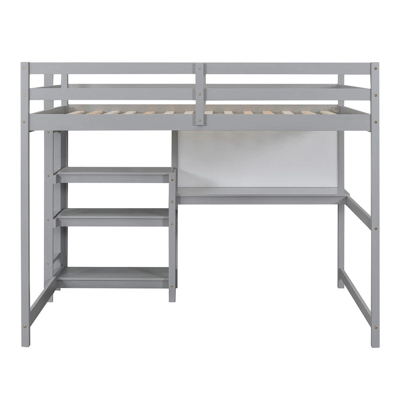 Lit mezzanine double en bois avec étagères, bureau et tableau d'écriture - Gris