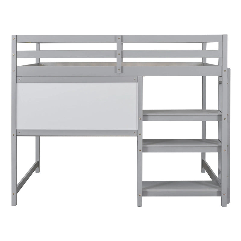 Lit mezzanine double en bois avec étagères, bureau et tableau d'écriture - Gris