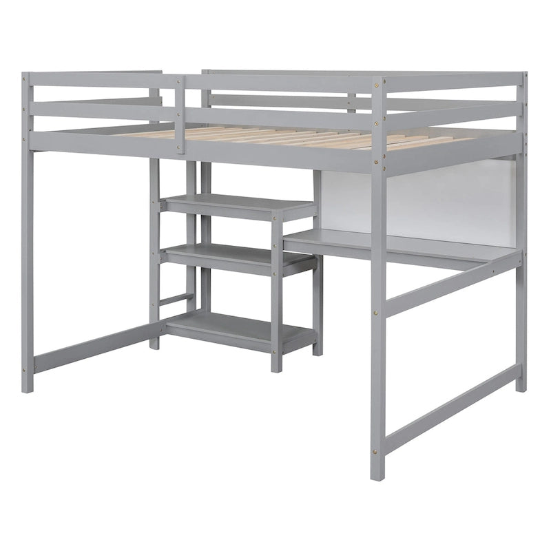 Lit mezzanine double en bois avec étagères, bureau et tableau d'écriture - Gris