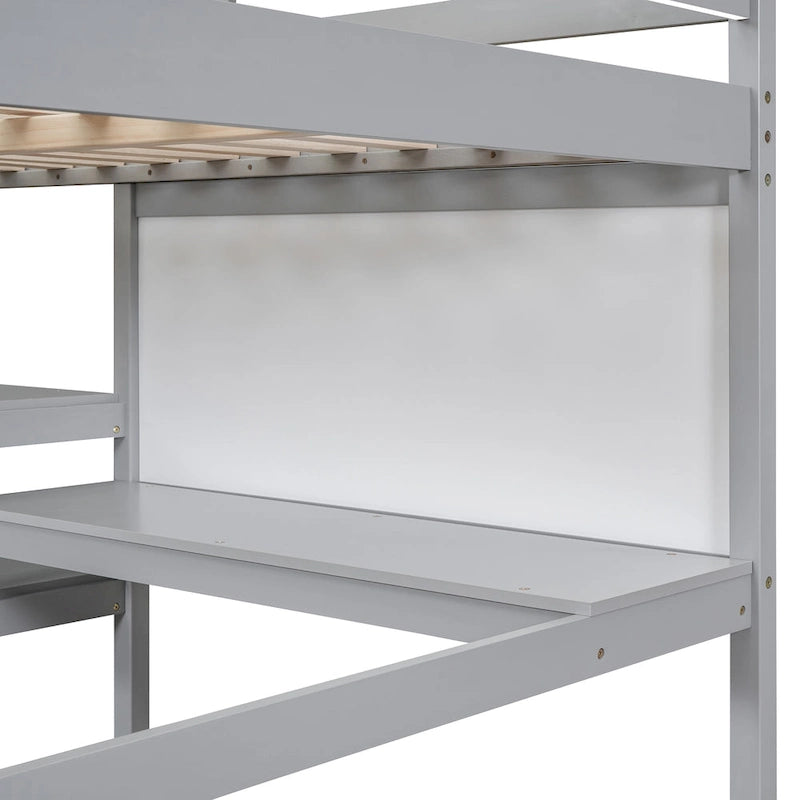 Lit mezzanine double en bois avec étagères, bureau et tableau d'écriture - Gris
