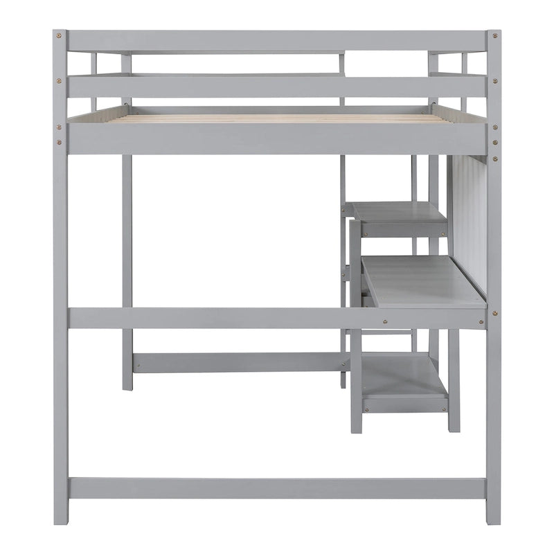 Lit mezzanine double en bois avec étagères, bureau et tableau d'écriture - Gris