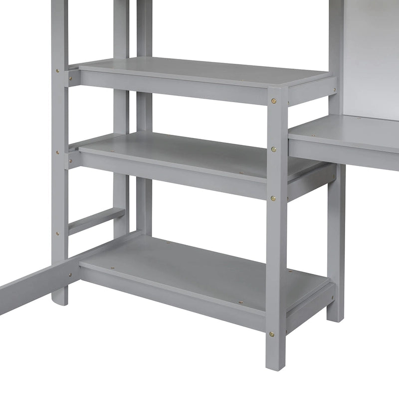 Lit mezzanine double en bois avec étagères, bureau et tableau d'écriture - Gris