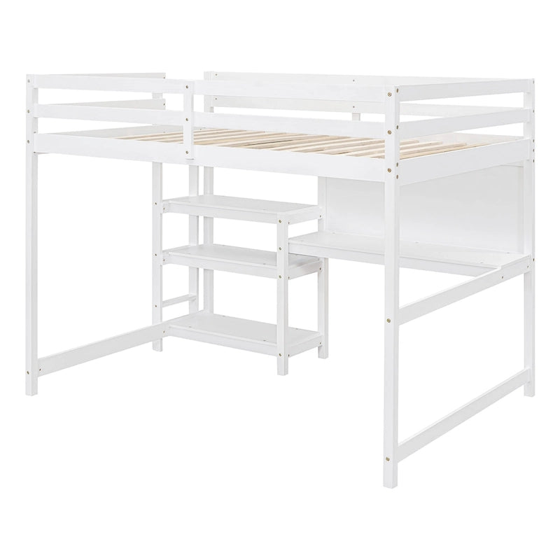 Lit mezzanine double en bois avec étagères, bureau et tableau d'écriture - Gris