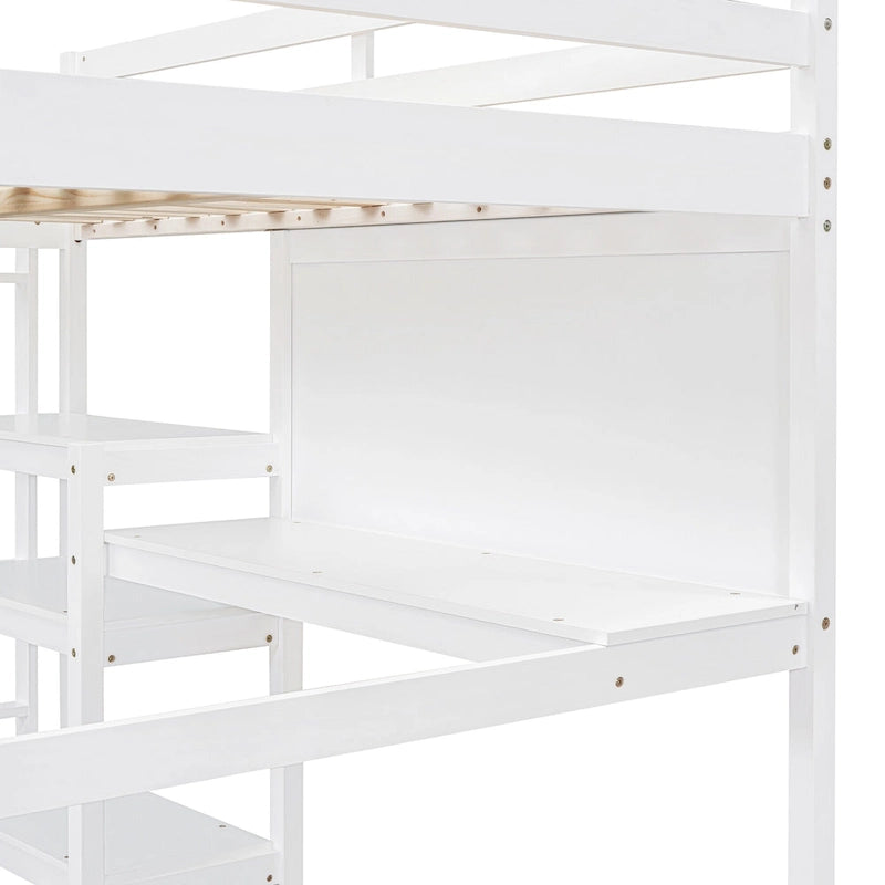 Lit mezzanine double en bois avec étagères, bureau et tableau d'écriture - Gris