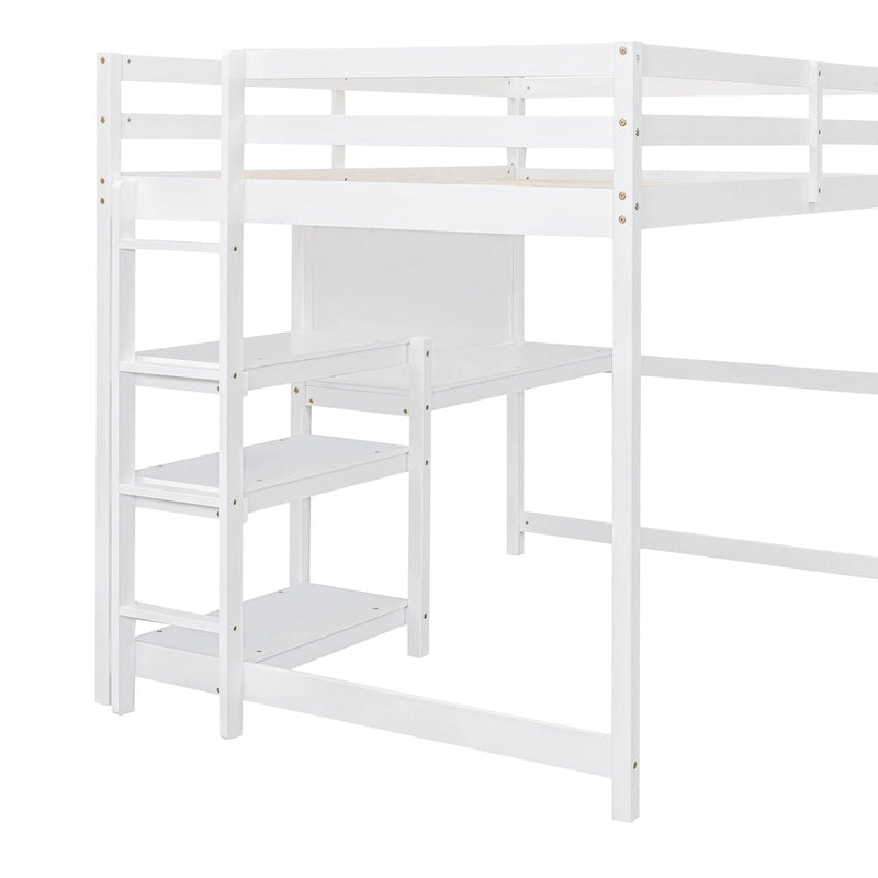 Lit mezzanine double en bois avec étagères, bureau et tableau d'écriture - Gris