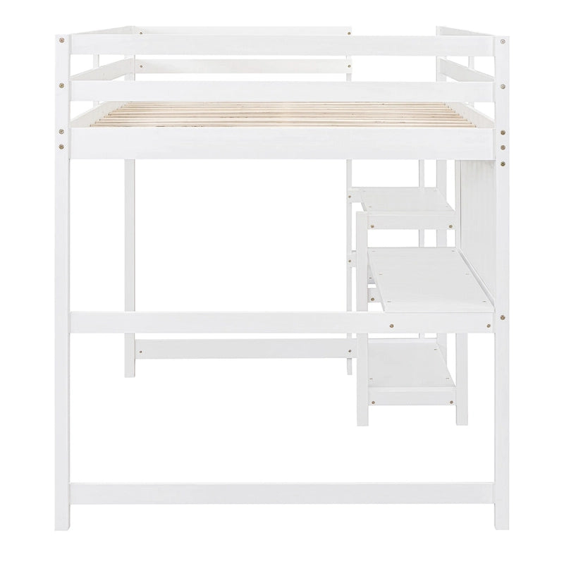 Lit mezzanine double en bois avec étagères, bureau et tableau d'écriture - Gris