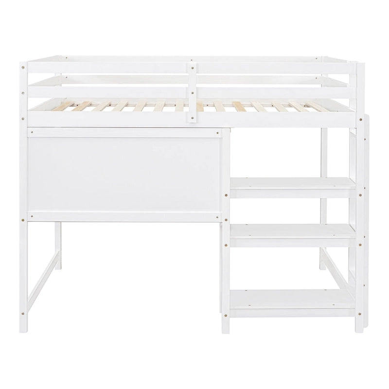 Lit mezzanine double en bois avec étagères, bureau et tableau d'écriture - Gris