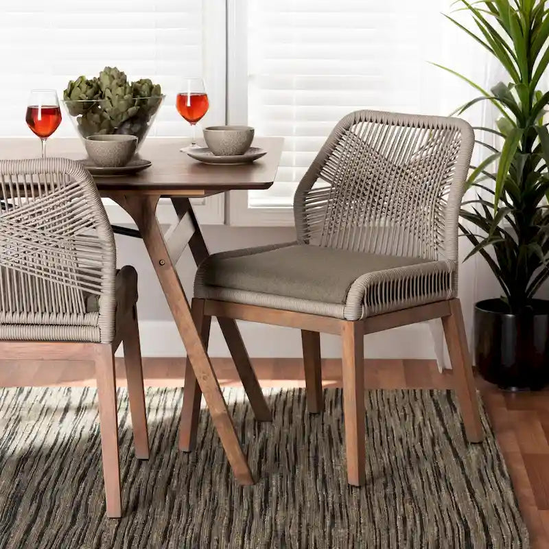 Chaise de salle à manger latérale en acajou et corde tressée transitionnelle - Grise