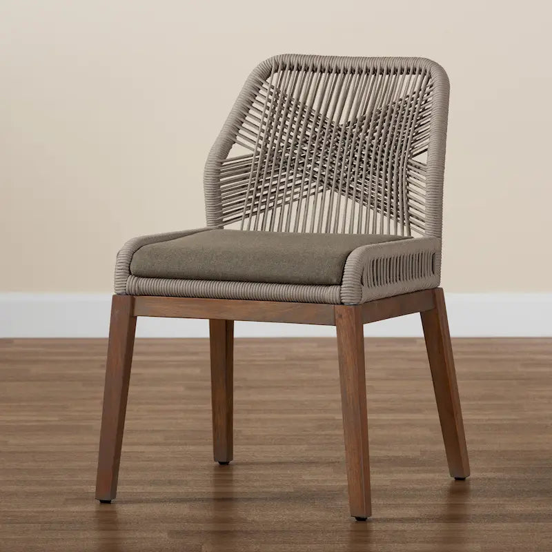 Chaise de salle à manger latérale en acajou et corde tressée transitionnelle - Grise