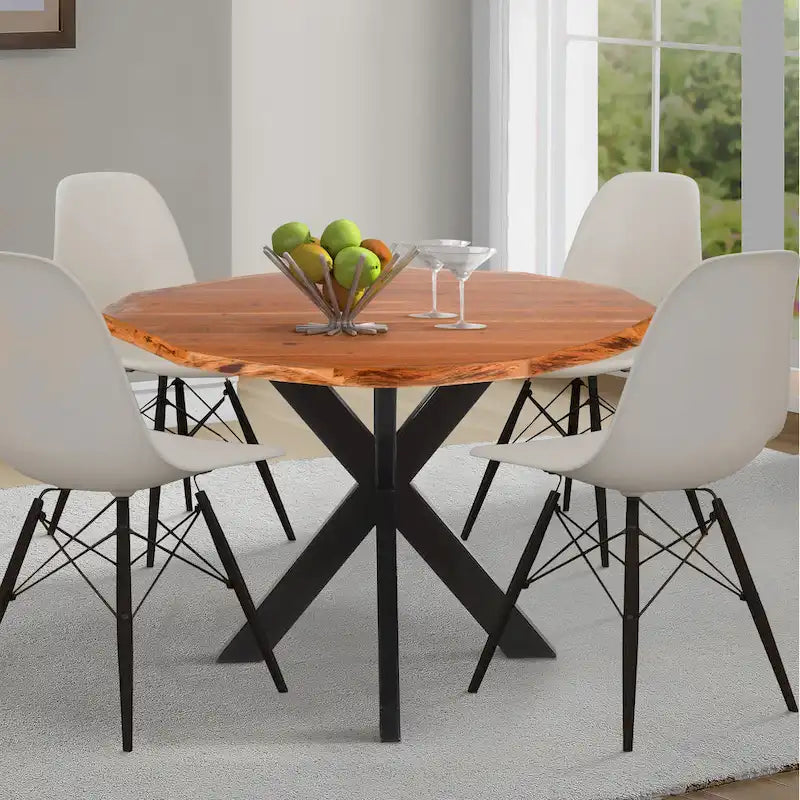 Table de salle à manger ronde artisanale de 41 pouces avec plateau en bois d'acacia brun naturel à bord brut et pieds en fer noir