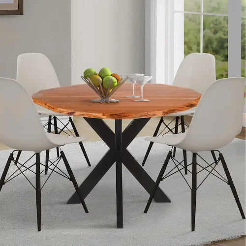 Table de salle à manger ronde artisanale de 41 pouces avec plateau en bois d'acacia brun naturel à bord brut et pieds en fer noir