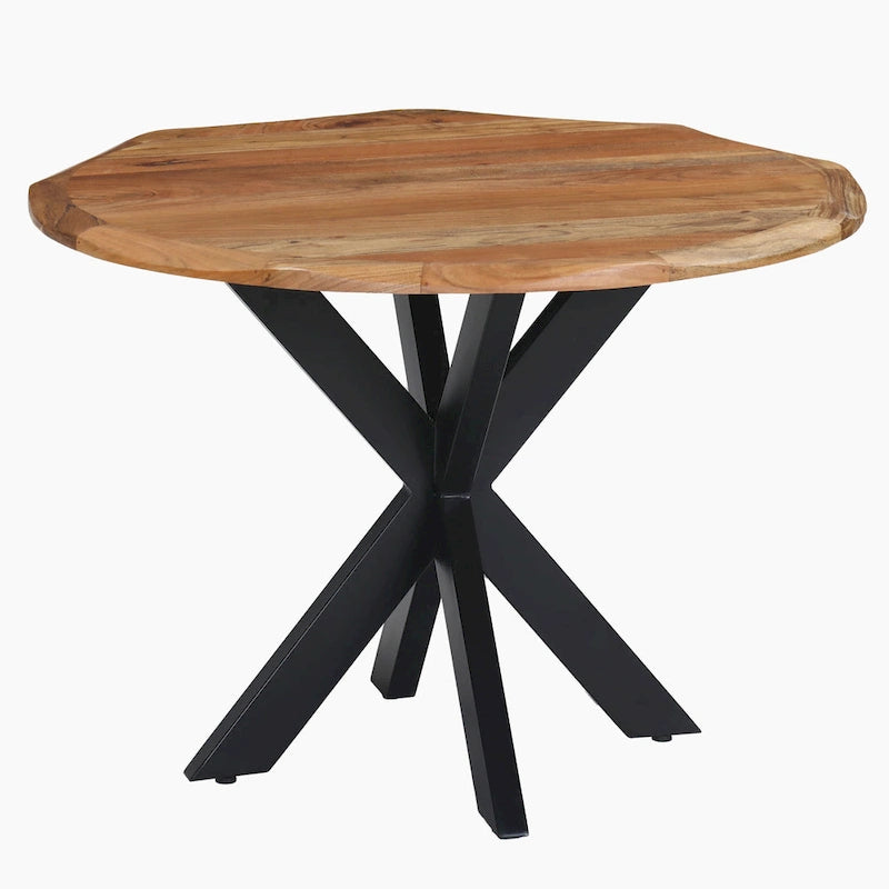 Table de salle à manger ronde artisanale de 41 pouces avec plateau en bois d'acacia brun naturel à bord brut et pieds en fer noir