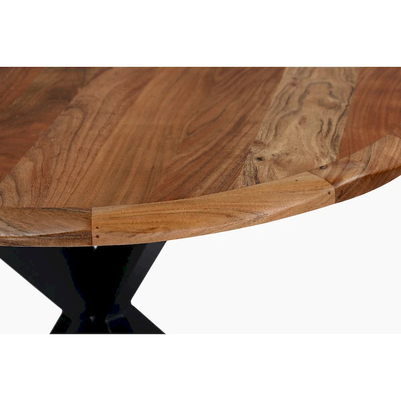 Table de salle à manger ronde artisanale de 41 pouces avec plateau en bois d'acacia brun naturel à bord brut et pieds en fer noir