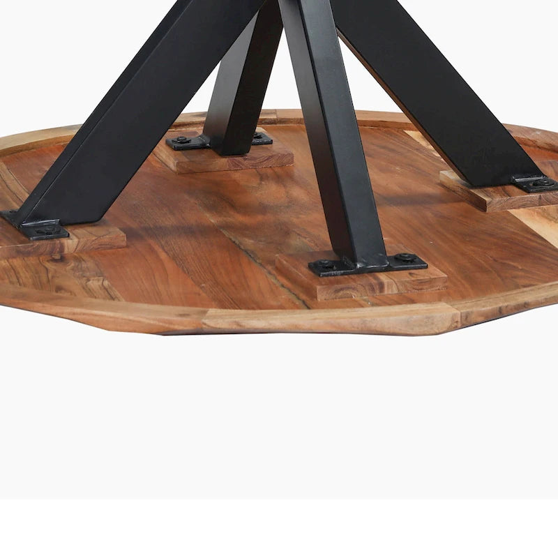 Table de salle à manger ronde artisanale de 41 pouces avec plateau en bois d'acacia brun naturel à bord brut et pieds en fer noir