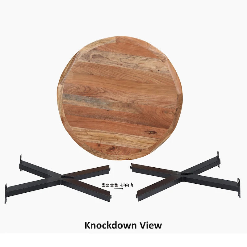 Table de salle à manger ronde artisanale de 41 pouces avec plateau en bois d'acacia brun naturel à bord brut et pieds en fer noir