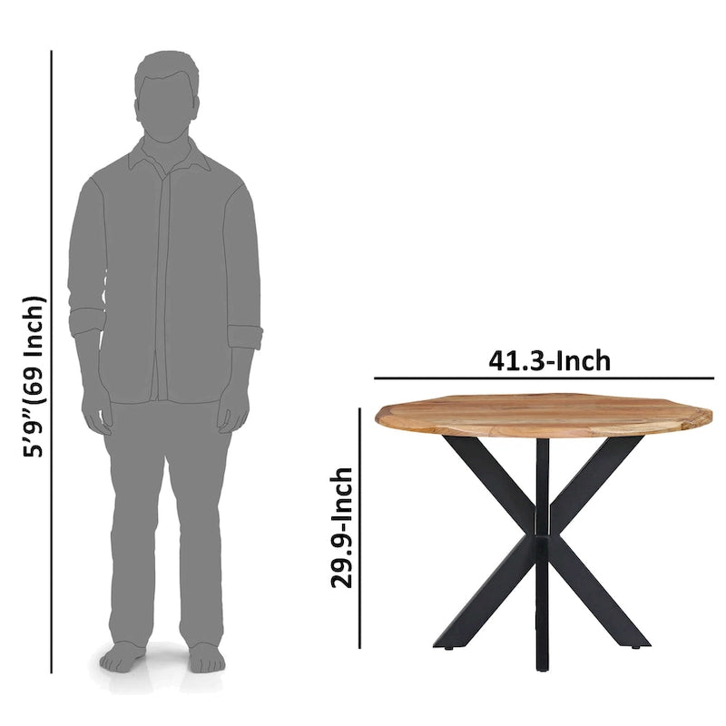 Table de salle à manger ronde artisanale de 41 pouces avec plateau en bois d'acacia brun naturel à bord brut et pieds en fer noir
