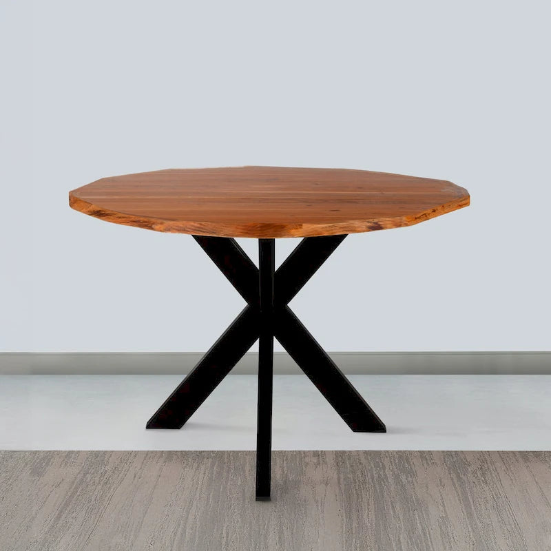 Table de salle à manger ronde artisanale de 41 pouces avec plateau en bois d'acacia brun naturel à bord brut et pieds en fer noir