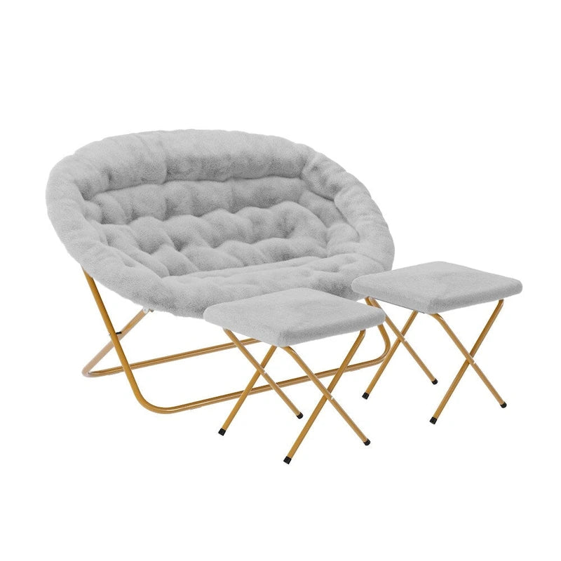 Chaise soucoupe double pliable en fourrure synthétique avec 2 poufs