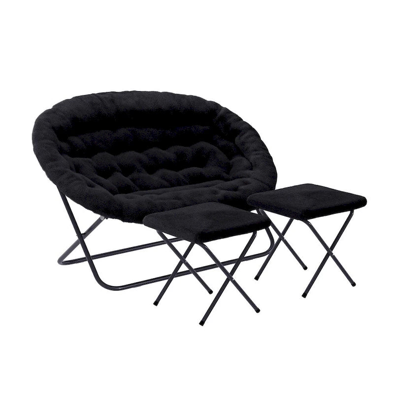 Chaise soucoupe double pliable en fourrure synthétique avec 2 poufs