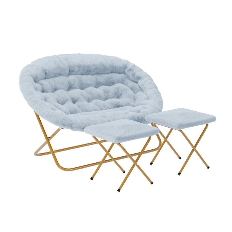 Chaise soucoupe double pliable en fourrure synthétique avec 2 poufs