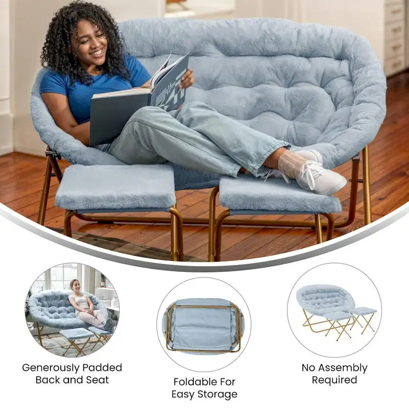 Chaise soucoupe double pliable en fourrure synthétique avec 2 poufs